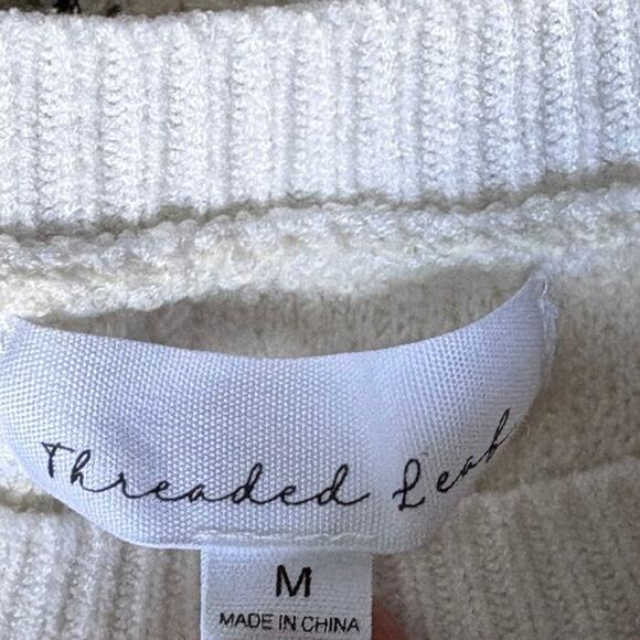 Threaded Leaf Crop Oversized Sweater Womens M White Ivory Knotted Striped Loose - Picture 5 of 8